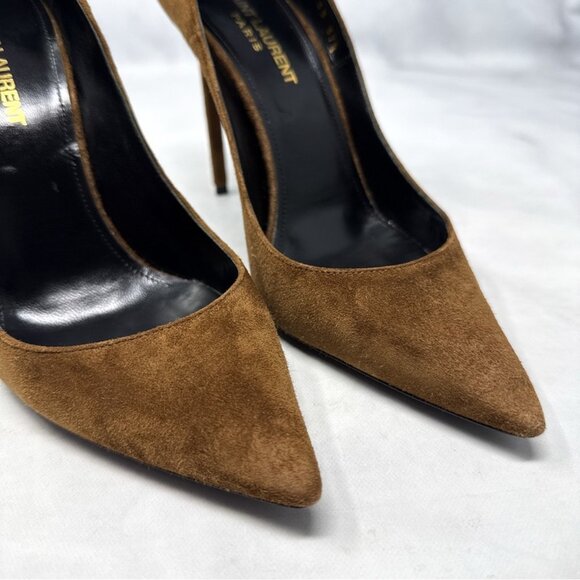 Saint Laurent Zoe 105 Suede Pointed Toe Stiletto Heel Pump Brown - Picture 6 of 13